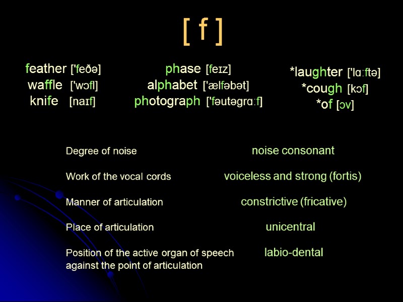 [ f ] phase [feɪz] alphabet ['ælfəbət] photograph ['fəutəgrɑːf] *laughter ['lɑːftə] *cough [kɔf] *of